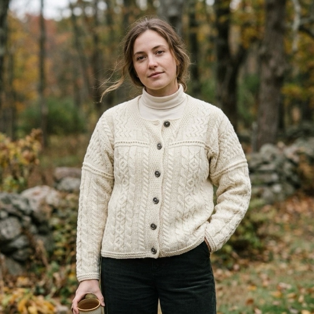 Vintage Aran Crafts Ireland Wool Cable Knit Cardigan Sweater Ivory Cream Size S